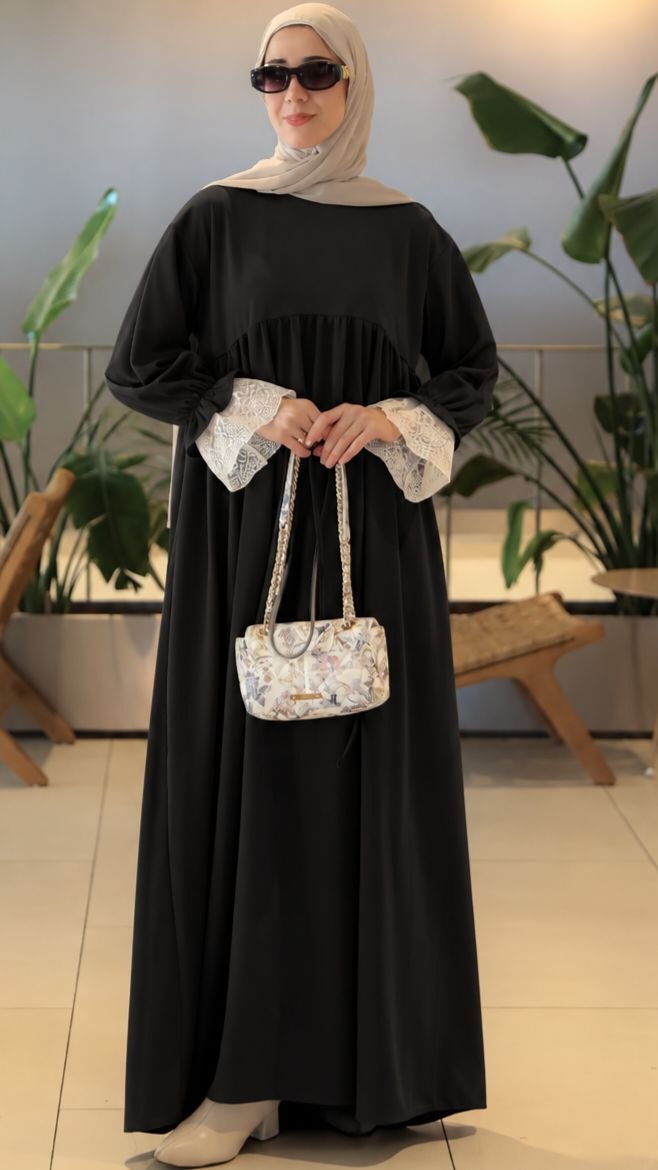 Dantel Manşetli Oversize Elbise